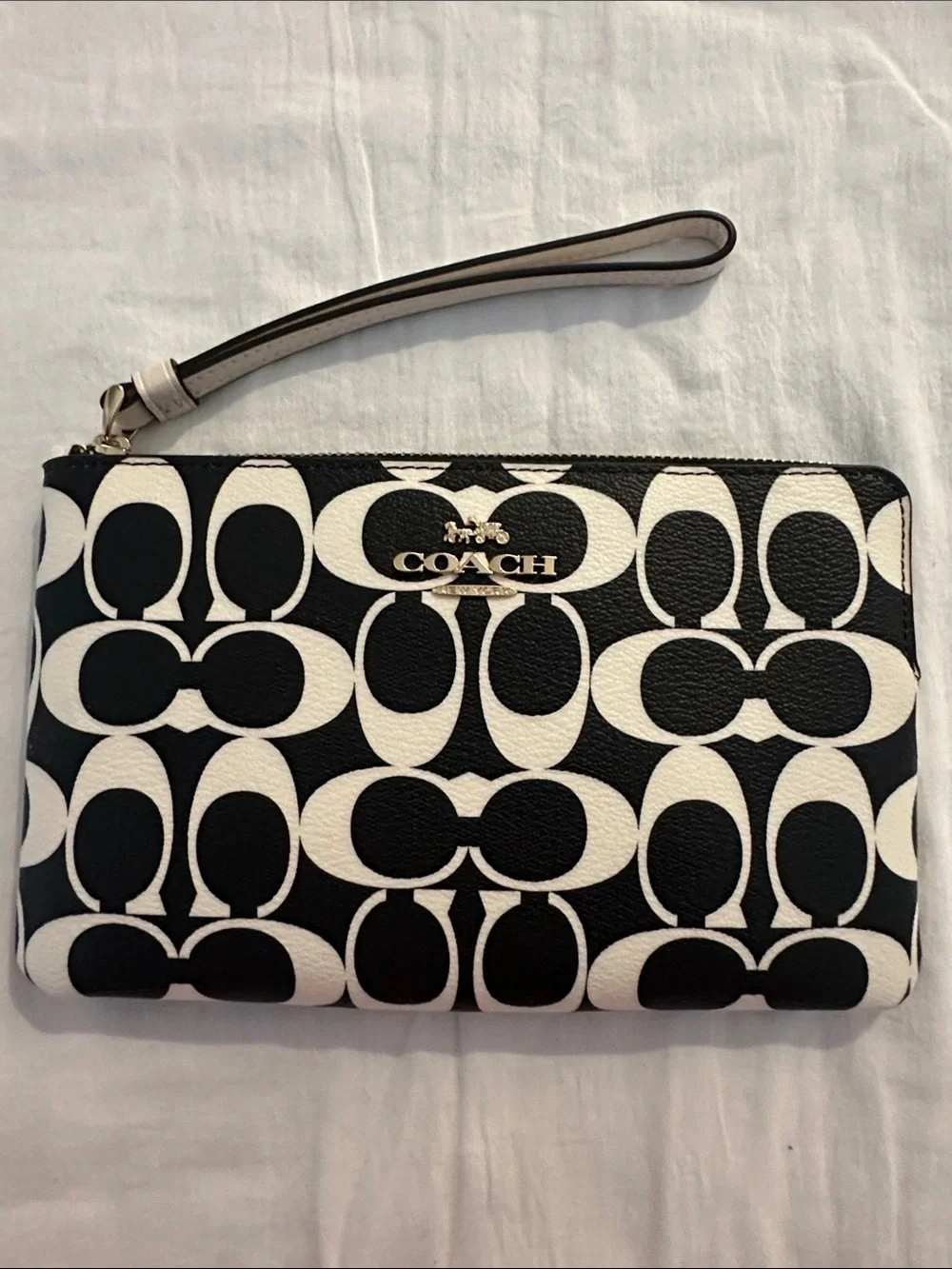 Coach Large Black & White Signature Zip Wristlet with Gold Logo